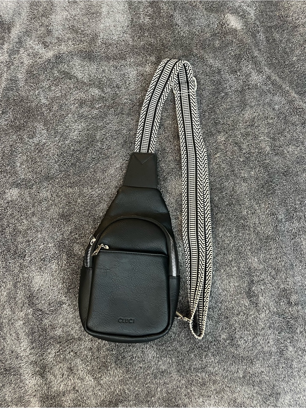 Black Crossbody Sling Bag with Patterned Strap